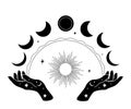 Hands with signs magic sumbols, sun, phases of moon and stars Royalty Free Stock Photo